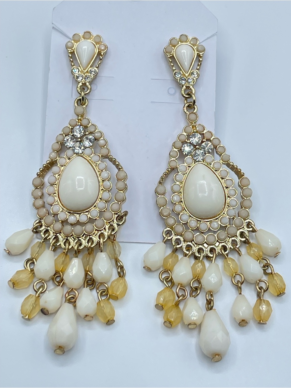 Gold Tone Acrylic Crystal Chandelier Earrings Boho Glam Statement
